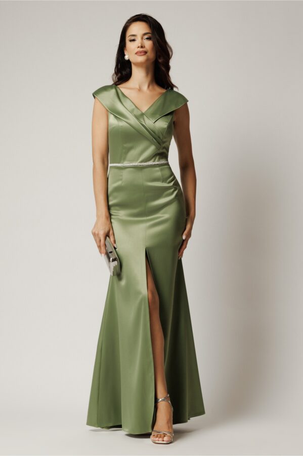 Rochie lunga verde fistic din tafta cu perle in talie si crapatura pe picior