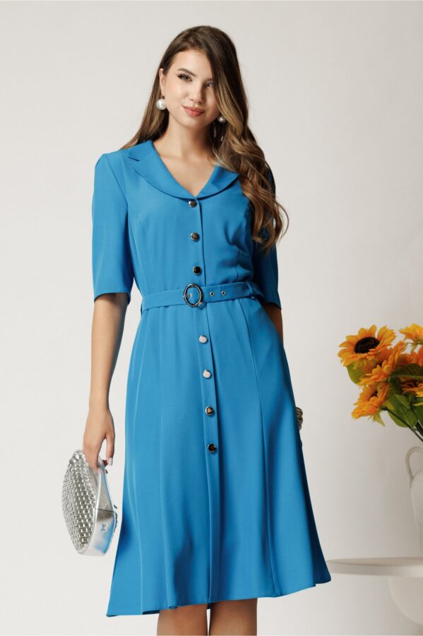 Rochie midi albastru din triplu voal cu nasturi si cordon