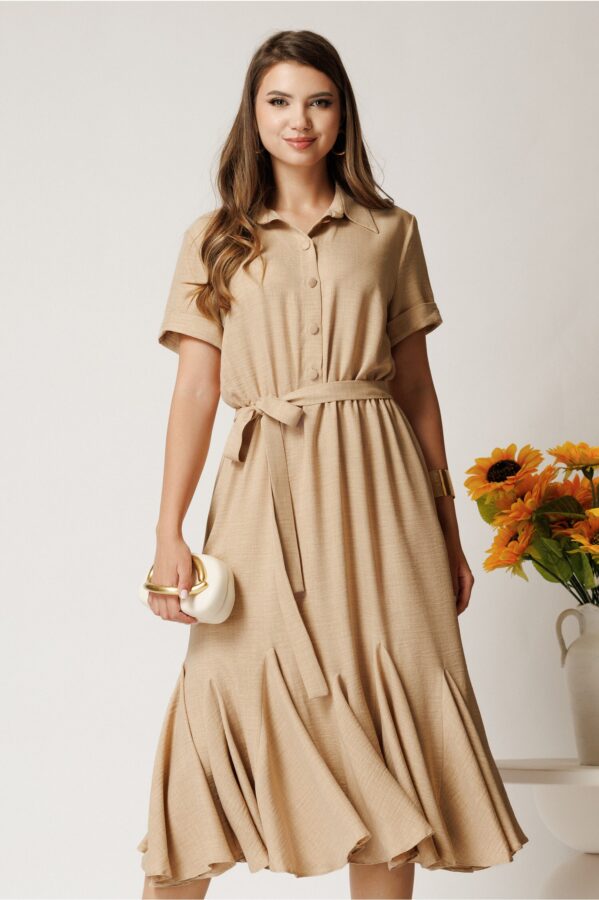 Rochie midi bej din viscoza in clos cu nasturi si cordon