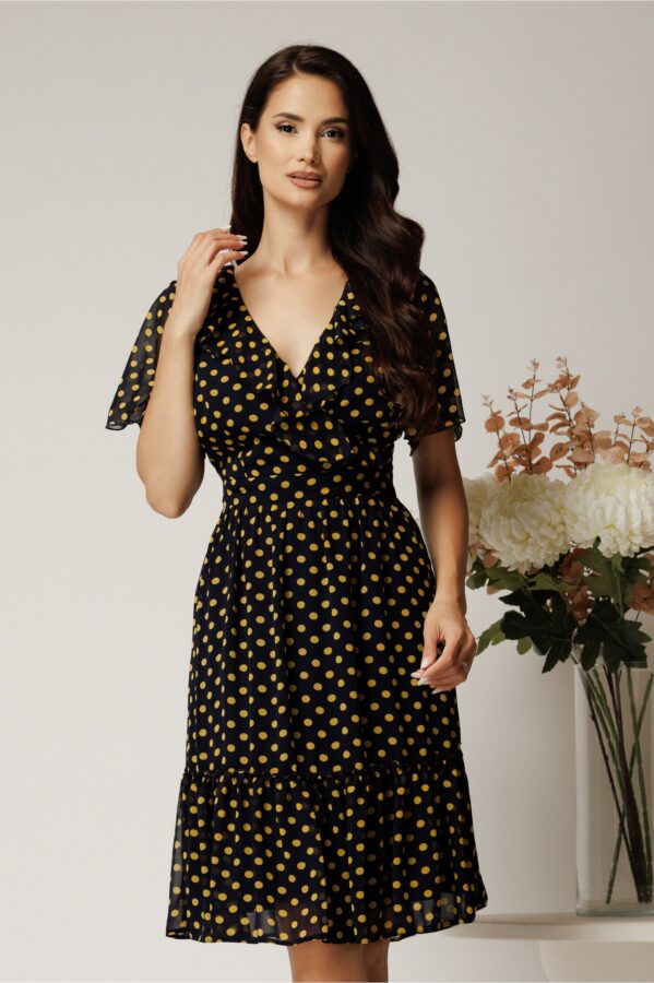 Rochie midi bleumarin din voal cu buline galbene si volane