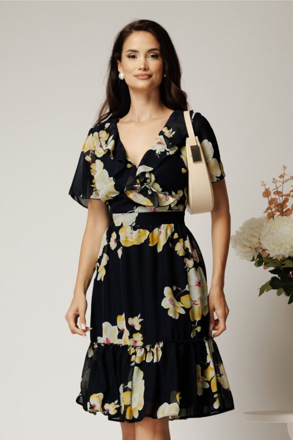 Rochie midi bleumarin din voal cu flori galbene si volane