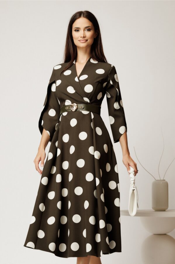 Rochie midi kaki din stofa in clos cu buline mari si curea in talie