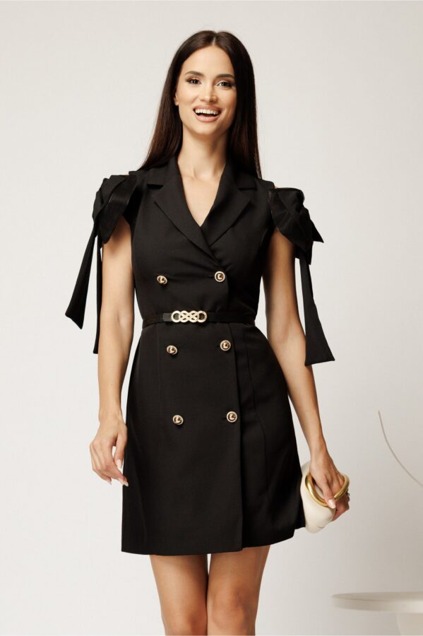 Rochie scurta neagra din bumbac tip sacou cu funde la umeri si curea in talie