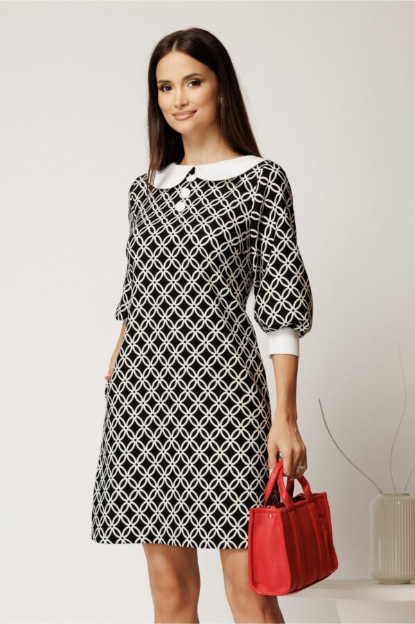 Rochie scurta neagra din stofa cu imprimeu geometric si guler alb