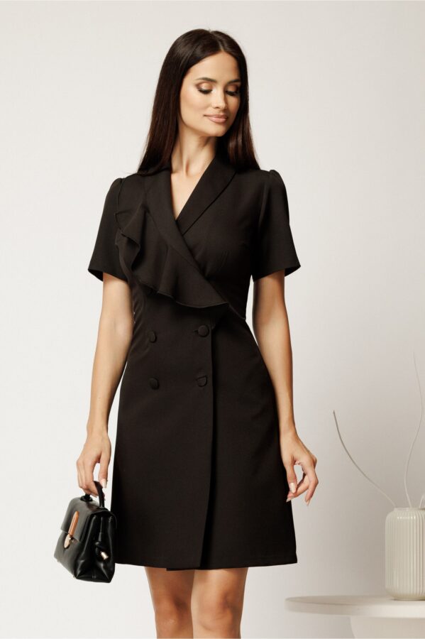 Rochie scurta neagra din stofa tip sacou cu volan si doua randuri de nasturi