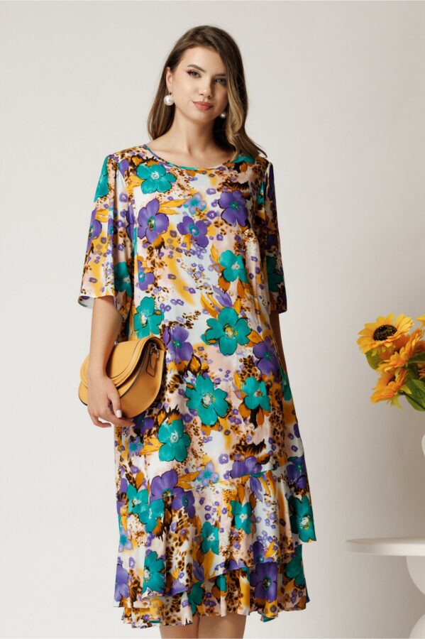Rochie vaporoasa cu flori turcoaz si mov din viscoza cu croi drep