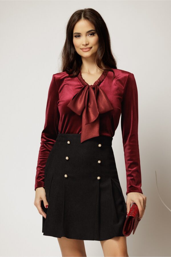 Bluza bordo din catifea cu guler esarfa
