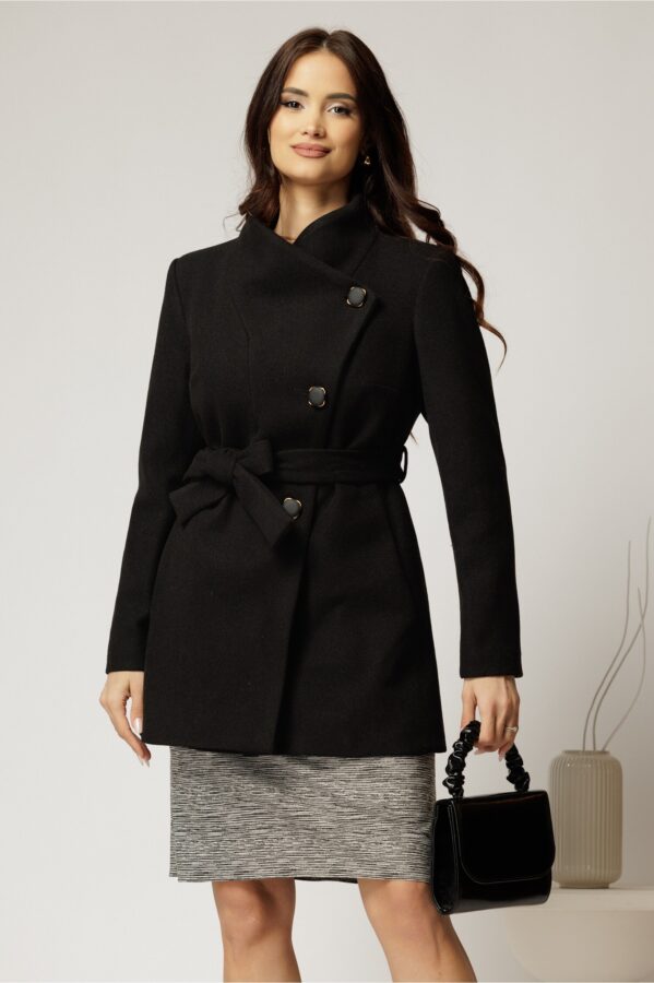 Palton scurt negru din stofa cu nasturi si cordon