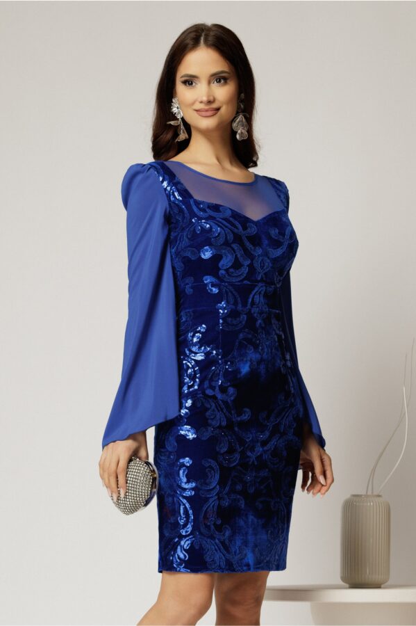 Rochie Daimond eleganta din catifea albastra cu paiete si maneci din voal