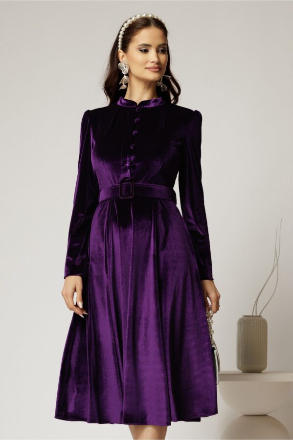 Rochie DY Fashion din catifea mov cu nasturi imbracati si curea in talie