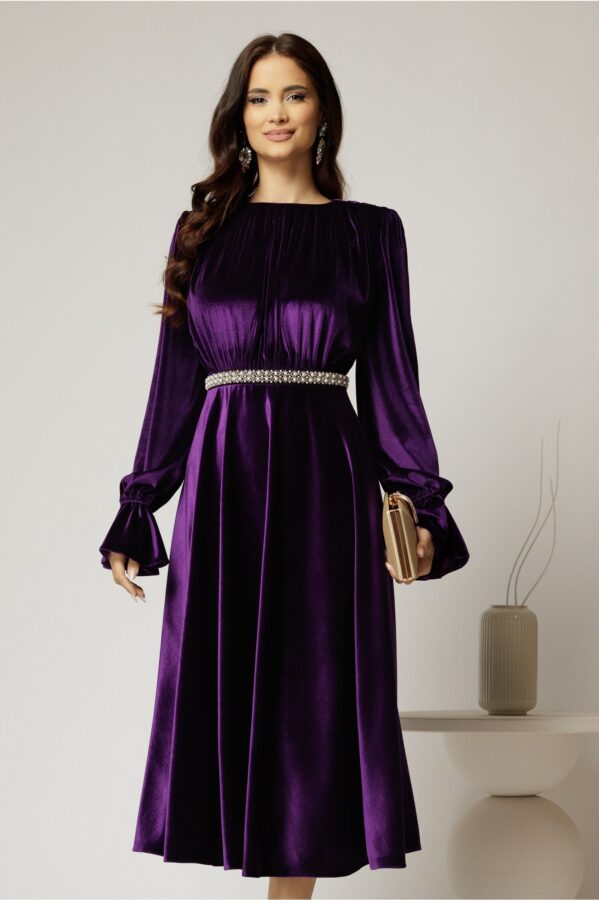 Rochie DY Fashion midi mov din catifea cu perle pe talie