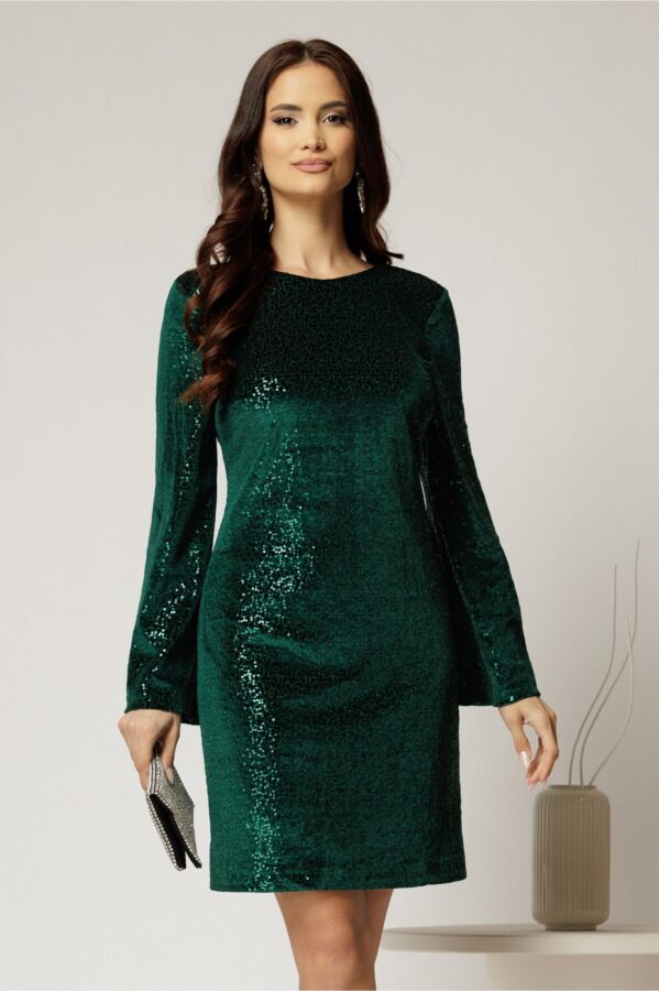 Rochie DY Fashion scurta verde din catifea cu paiete si funda la spate