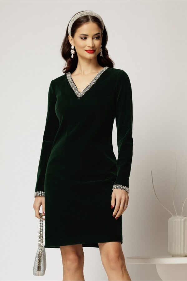 Rochie DY Fashion verde din catifea fixa cu perle la decolteu si maneci