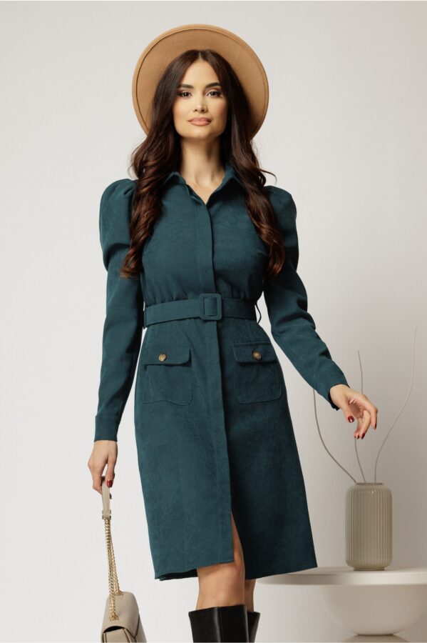 Rochie DY Fashion verde din catifea reiata tip camasa si curea in talie