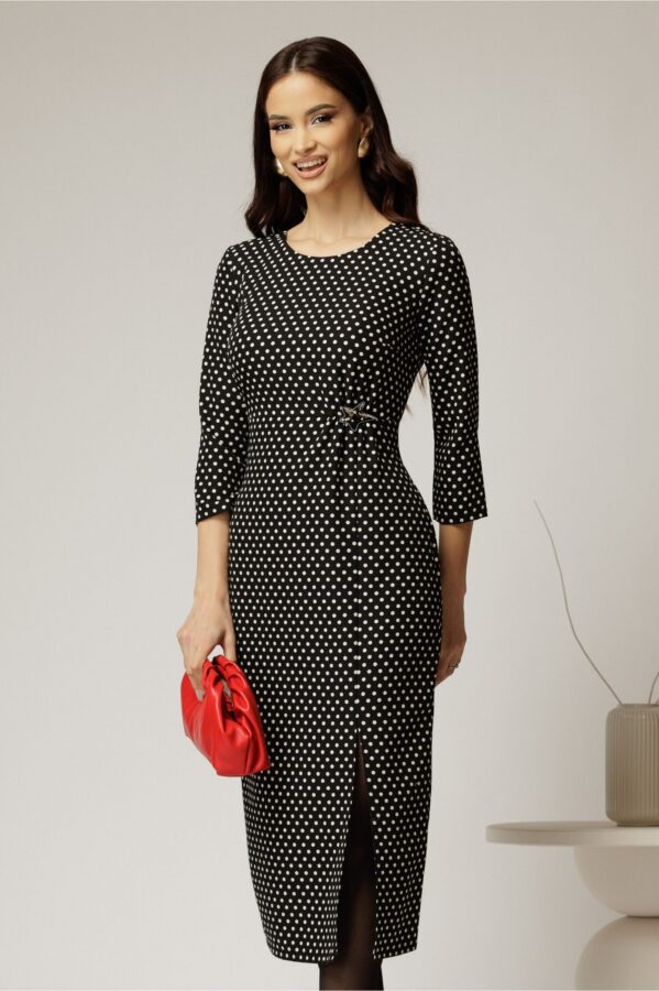 Rochie midi neagra cu buline albe si detaliu pe talie