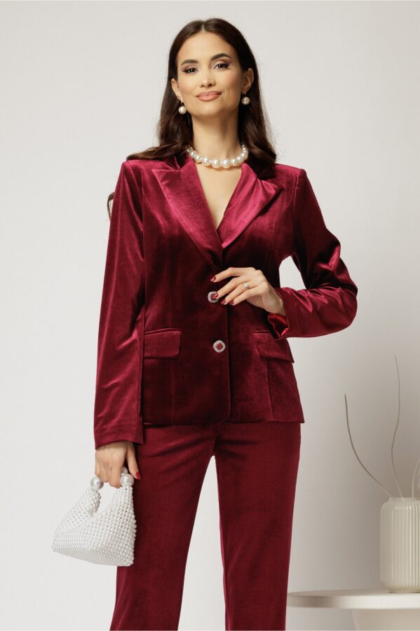Sacou elegant din catifea bordo si inchidere cu doi nasturi