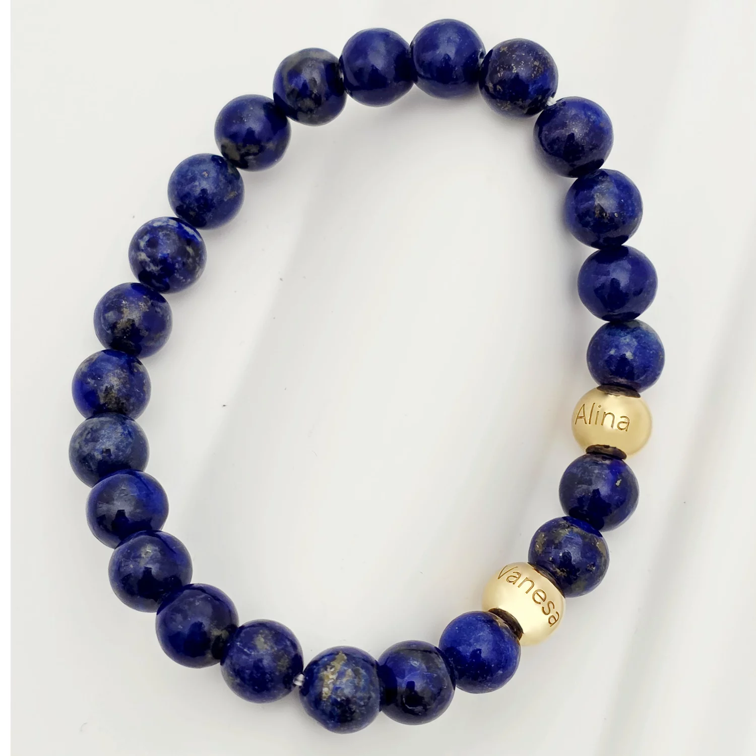 Bratara pietre semipretioase Lapis lazuli de 8 mm – Bilute din Argint 925 placat cu Aur Galben 18K – Snur elastic